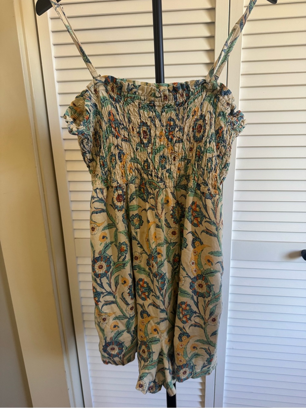 Pilcro Antropologie Floral Smocked Romper in Cream, Blue & Green